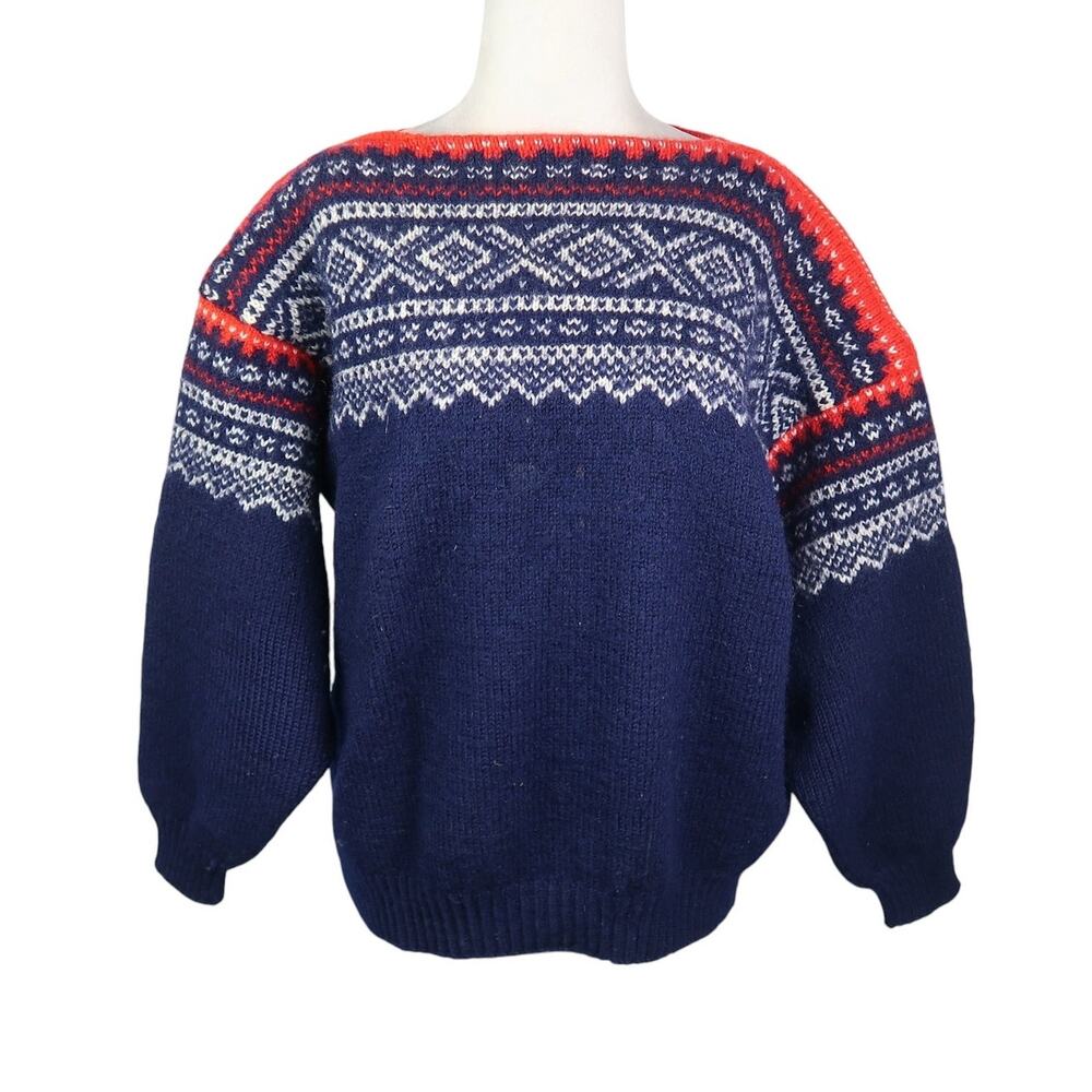 Vintage Navy Blue Red and White Fair Isle Wool Knit Pullover Sweater L